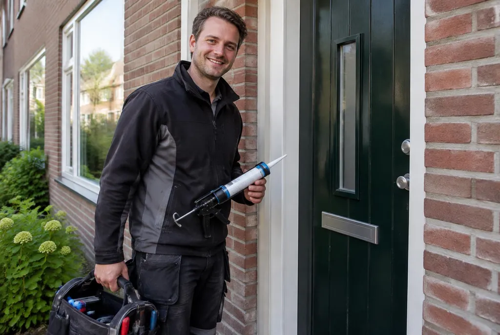 Vakman van Kitbedrijf Renkum bij de voordeur van een woning